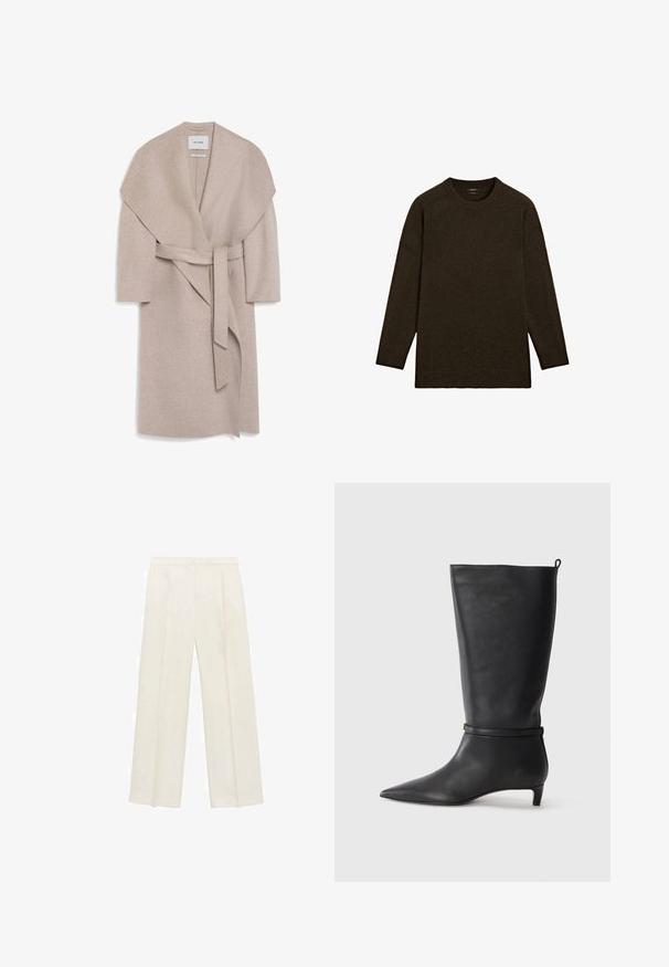 IVY OAK CARRIE ROSE - Klassisk kappa / rock - light sand; Mörkbrun stickad tröja med rund halsringning, långa ärmar och avslappnad passform. Mjuk textur och minimalistisk design. Inga synliga mönster.; Breda byxor i en ljus krämfärg. Tillverkade av ett mjukt tyg med veck fram och sidofickor.; Svart läderknähöga stövlar med spetsig tå, försedda med ett runt rem runt vristen och en låg, avsmalnande klack. Slät textur.
