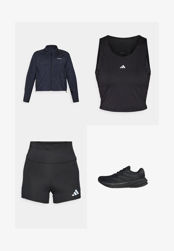 Salomon FLY - Windbreaker - deep black; Black sports crop top made from moisture-wicking fabric, featuring a round neck, sleeveless design, and white logo on the chest.; adidas Performance Leggings - black; Black athletic shoes with a mesh upper, streamlined shape, flat sole, and three diagonal stripes on the side. Lightweight design for comfort.