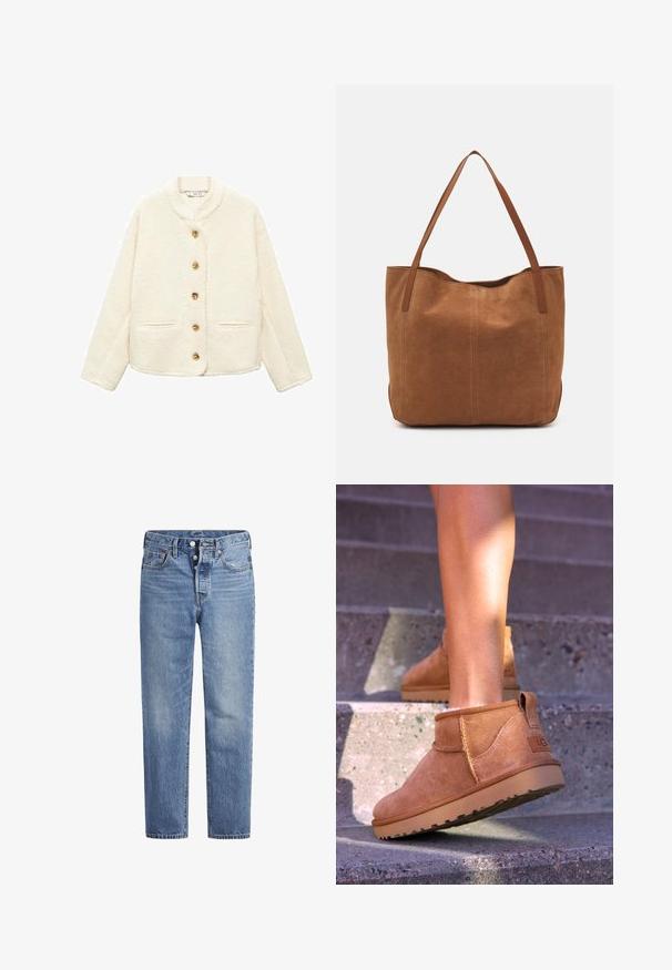 Cremfarbene Fleecejacke mit Schalkragen, fünf goldenen Knöpfen und zwei Taschen vorne. Texturiertes Gewebe und lässiger Schnitt.; Cremefarbener kabelgehäkelter Pullover mit langen Ärmeln, gerippten Bündchen und Saum, mit einem kleinen gestickten Logo auf der linken Brust.; Helle blaue Jeans im geraden Schnitt, mit fünf Taschen und einem Knopfverschluss. Sie weisen dezente Verfärbungen und orangefarbene Nähte auf.; Beige Wildleder-Ankelstiefel mit weicher Textur, gesteppten Details und einer Gummisohle, ausgestattet mit einer Schlaufe an der Ferse für einfaches An- und Ausziehen.; Braune Wildleder-Tote mit zwei langen Henkeln, die eine glatte Textur, ein einfaches Design und keine sichtbaren Beschläge oder Akzente aufweist.