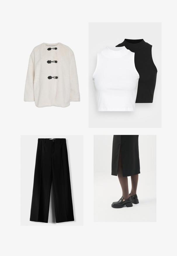 Faux fur white coat with a round neck, featuring three black toggle fastenings and a boxy shape, providing a soft texture.; Two sleeveless ribbed turtleneck tops in black and white, featuring a fitted design and smooth texture, with cropped length.; Black wide-leg trousers made of lightweight fabric, featuring a front button closure and flat front, with neatly stitched hems.; Black leather shoes with a rounded toe, thick block heel, and elastic side accents, paired with dark tights and a black skirt with a slit.
