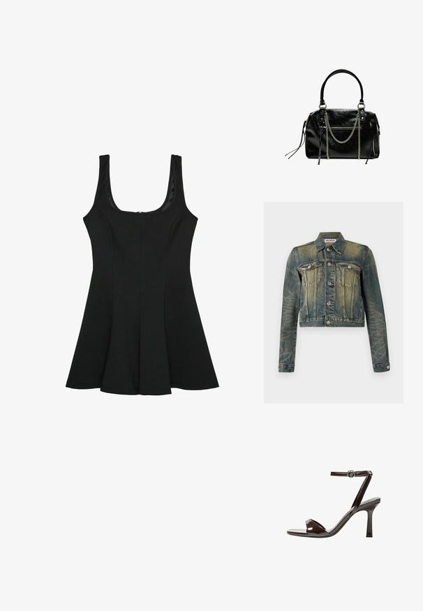Farkkutakki, jossa on haalistunut sininen pinta, lyhennetty malli, kaksi rintataskua ja hopeiset napit. Omistaa klassisen kauluksen ja pitkät hihat.; Mustat olkaimettomat mekko, jossa on pyöreä pääntie. Laaja A-linjainen siluetti, valmistettu sileästä kankaasta, jossa on piilovetoketju takana.; Sandaalit korkean koronan ruskeasta mokkanahasta, jossa on nilkkaremmi, avonainen kärki ja tyylikäs, minimalistinen muotoilu. Varusteena neliön muotoinen korko.; Bershka WITH CHAIN - Käsilaukku - black