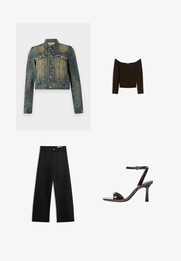 Denimjack met een vervaagde blauwe afwerking, cropped ontwerp, twee borstzakken en zilveren knopen. Heeft een klassieke kraag en lange mouwen.; Off-the-shoulder, donkerbruin top van een aangesloten breiwerk. Heeft lange mouwen en een cropped ontwerp met een gladde textuur.; Zwarte denim broek met wijde pijpen en een hoge taille, voorzien van voor- en achterzakken, gestikte naden en een knoopsluiting. Gladde textuur.; Bruine gepatenteerde lederen sandaal met hoge hak, enkelbandje, open teen, en een strak, minimalistisch ontwerp. Voorzien van een vierkante hak.
