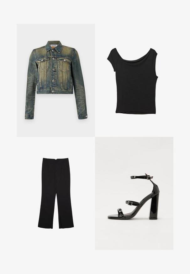 Džínová bunda se vybledlým modrým odstínem, zkrácený střih, dvě náprsní kapsy a stříbrné knoflíky. Obsahuje klasický límec a dlouhé rukávy.; Černý krátký rukáv top vyrobený z hladké látky; má drapovaný výstřih a asymetrický lem, s přiléhavým střihem.; Černé kalhoty s rovným střihem, s předními kapsami a bočními rozparky na lemu. Vyrobené z jemné, hladké tkaniny. Vhodné na různé příležitosti.; Černé lakované sandály na podpatku se čtveratou špičkou, lýtkovými pásky a stříbrnými přezkami. Disponují masivním blokovým podpatkem pro stabilitu.