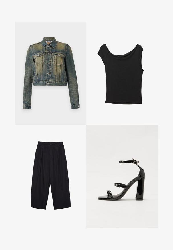 Jeansjacke mit einem verblassten blauen Finish, verkürztem Design, zwei Brusttaschen und silbernen Knöpfen. Verfügt über einen klassischen Kragen und lange Ärmel.; Schwarzes Kurzarmoberteil aus glattem Stoff; hat einen drapierten Ausschnitt und einen asymmetrischen Saum, mit einem figurbetonten Körper.; Schwarze Polyester-Culotte mit einem elastischen Bund, zwei vorderen Falten und einer lockeren Silhouette. Keine sichtbaren Muster oder Hardware-Details.; Schwarze patentierte Sandalen mit Absatz, quadratischer Spitze, Knöchelriemen und silbernen Schnallen. Mit einem stabilen Blockabsatz für mehr Stabilität.