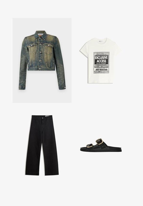 Jachetă din denim cu un finisaj albastru decolorat, design scurt, două buzunare pe piept și butoane argintii. Dispune de un guler clasic și mâneci lungi.; Tricou alb cu text negru care promovează un eveniment muzical, având inscripțiile "Acces Exclusiv", "Concerte Rock Indie" și "Experiența Muzicală a Superstarurilor".; Pantaloni din denim negri cu picioare largi, cu talie înaltă, având buzunare frontale și posterioare, cusături dublate și închidere cu nasture. Textură netedă.; Sandalie negre cu toc plat, cu două accente de cataramă aurie, din material texturat neted și design minimalist.
