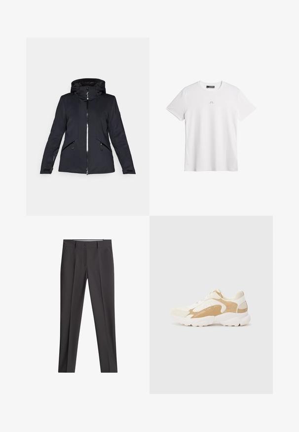 Svart jacka gjord av slät tyg, med huva, framdragkedja och två sidofickor med dragkedjor. Inkluderar justerbara ärmslut.; Vit kortärmad T-shirt gjord av slätt tyg. Har en minimalistisk grå logo centrerad på bröstet. Klassisk rundad halsringning.; Svarta skräddarsydda slim-fit byxor med bältesöggor och framfickor, med knapp- och dragkedjestängning.; Sneakers med en vit mesh-övre och krämfärgade mockadetaljer. Har en vadderad krage, tjock vit sula och logotypdetalj på sidan.