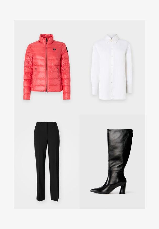 Koral puffjacka med hög krage, framdragkedja och två sidofickor. Har en slät, glänsande yta och logotyp på bröstet.; Vit linneskjorta med spetsig krage, långa ärmar och knäppning fram. Har en avslappnad passform och en mjuk textur.; Svarta skräddarsydda byxor med rak benform, med en slät yta och skarpa veck fram. Ingen synlig hårdvara.; Knä-höga svarta läderstövlar med spetsig tå, slät yta och kraftig klack. Har en dragkedjedetalj på baksidan.