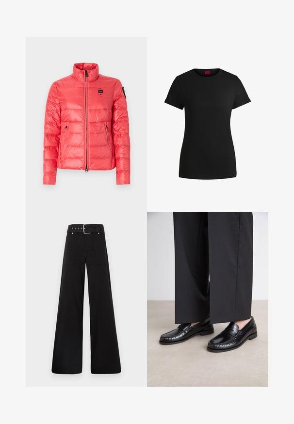 Giacca imbottita corallo con collo alto, zip frontale e due tasche laterali. Presenta una texture liscia e lucida e un logo sul petto.; T-shirt in cotone nero con maniche corte arrotolate, scollatura rotonda e etichetta rossa. Texture liscia, forma aderente con dettagli minimi.; Pantaloni neri a gamba larga realizzati in cotone, con vita alta, ampie tasche laterali e vita con cintura arricchita da dettagli in metallo argentato.; Mocassini in pelle nera con una finitura liscia, dettagli cuciti attorno alla punta e suola in gomma bassa. Abbinati a pantaloni neri larghi.