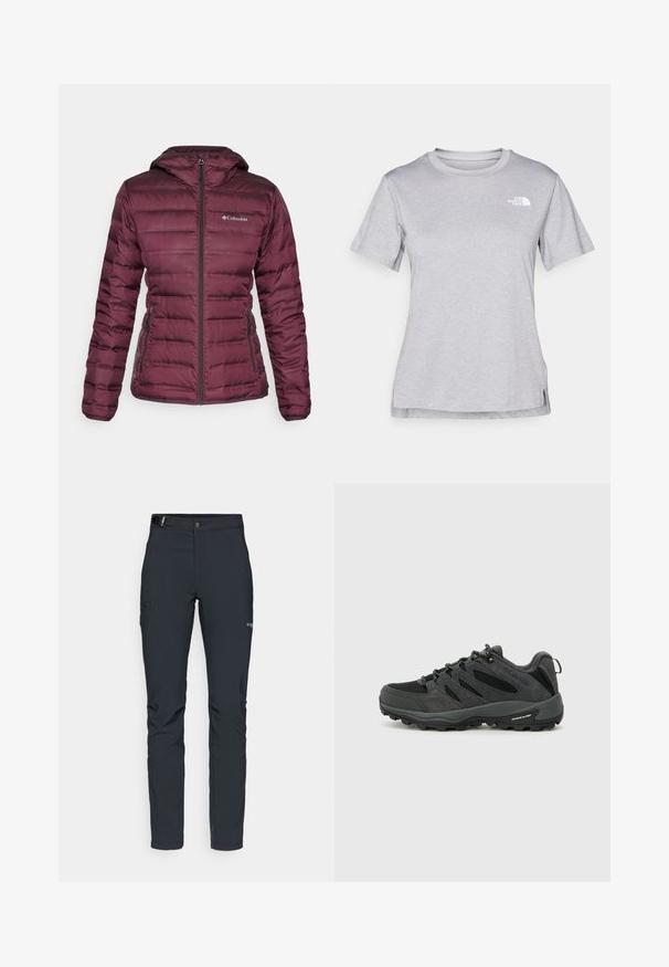 Burgundy puffer jacket with a hood, zippered front, and side pockets. Features quilted design and contrasting texture along seams.; Grey short-sleeve t-shirt made of soft, moisture-wicking fabric. Features a crew neck and a small white logo on the upper left.; Men's outdoor pants, dark gray, made from flexible material, featuring a belt, zippered pockets, and reinforced stitching.; Columbia REDMOND - Hiking shoes - black/citron haze