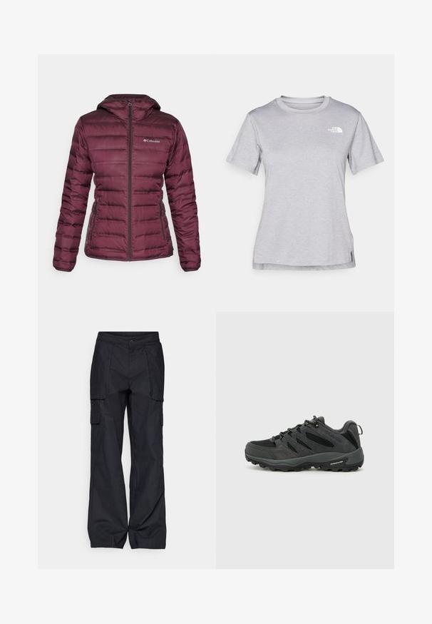 Bordeaux puffjakke med hætte, lynlås foran og sidelommer. Har kviltet design og kontrasterende tekstur langs sømmene.; Grå kortærmet T-shirt lavet af blødt, fugttransporterende materiale. Har en rund hals og et lille hvidt logo øverst til venstre.; Columbia BREA FALLS™ COTTON RIPSTOP PANT - Outdoorbukser - black; Columbia REDMOND - Hikingsko - black/citron haze