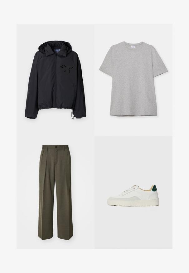 Svart vindjacka med dragkedja framtill, huva, elastisk nederkant och en strukturerad svart fjärilslogo på vänster bröst.; Grå t-shirt med kort ärm gjord av mjukt, texturerat tyg. Har en klassisk rund halsringning och en rak nederkant, lämplig för avslappnad klädsel.; Filippa K WIDE TROUSERS - Tygbyxor - driftwood; Vit sneaker med mockadetaljer, rund tå, platta snören och en krämfärgad gummisula. Har grön branding på hälen.