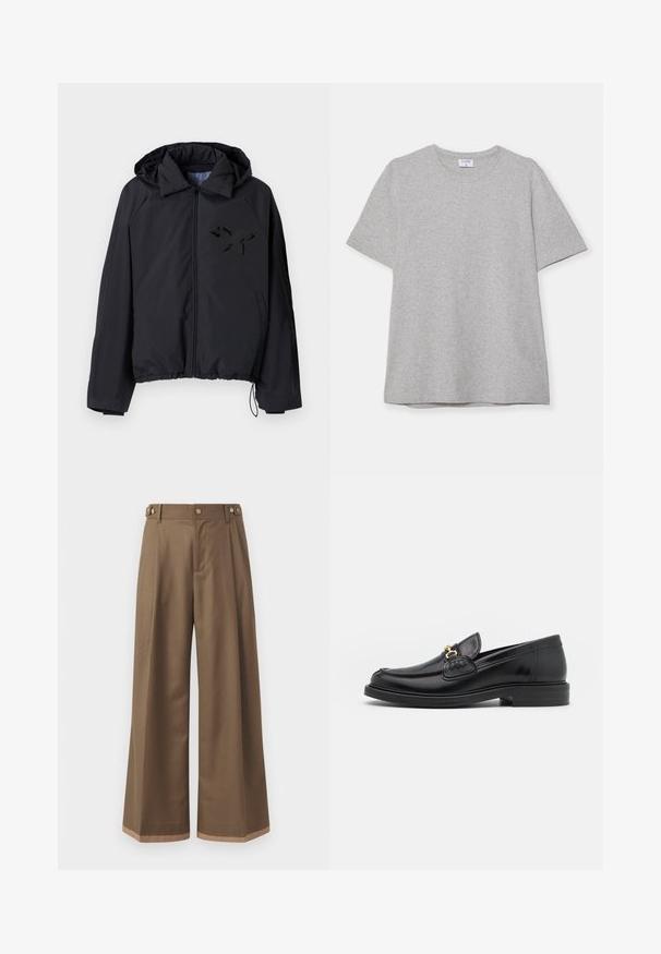 Black windbreaker jacket with a zippered front, hood, elastic hem, and a textured black butterfly logo on the left chest side.; Gray short-sleeve T-shirt made from soft, textured fabric. Features a classic crew neck and a straight hem, suitable for casual wear.; Wide-leg trousers in a dark brown fabric, featuring two side pockets, two decorative front buttons, and a contrast hem detail.; Black leather loafers with a rounded toe, featuring gold hardware accent and stitching detail, set on a low, textured rubber sole.