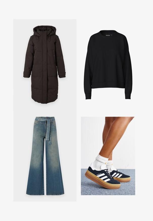 Długi czarny ocieplany płaszcz zimowy z kapturem, z przodu zamek błyskawiczny osłonięty klapą, dwie kieszenie zapinane na napy oraz regulowane mankiety.; Czarna bluza z okrągłym dekoltem, opadającymi ramionami i prążkowanymi mankietami. Wykonana z miękkiego, gładkiego materiału. Prosty design, bez wzorów.; Szerokie spodnie dżinsowe z gradientem od jasnoniebieskiego do ciemnoniebieskiego, wysokim stanem, szlufkami na pasek oraz pasującym paskiem z tkaniny. Teksturowany wykończenie dżinsu.; Czarne zamszowe trampki z białymi paskami i akcentami, zaokrąglonym noskiem, gumową podeszwą w kolorze jasno-brązowym, zestawione z białymi żebrowanymi skarpetkami do kostki.