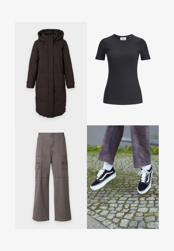 Garšs melns pildīts ziemas mētelis ar kapuci, priekšējais rāvējslēdzis pārklāts ar atloku, divas pogu kabatas un regulējami aproču siksniņas.; Melnā ribota īsām piedurknēm t-kreklā ar apaļu kakla izgriezumu. Izgatavots no mīksta, stieptspējīga auduma, ar smalku tekstūru un piegulošu siluetu.; Pelēkas kokvilnas bikses ar platām kājām, kas piedāvā divas priekšējās kabatas, divas sānu kabatas un redzamās šūšanas detaļas.; Melni zamšādas sporta apavi ar baltiem akcentiem, ar apaļu purngalu, biezu baltu zoli un klasisku šņorēšanas dizainu, uzvilkti ar baltām zeķēm un violetām biksēm.