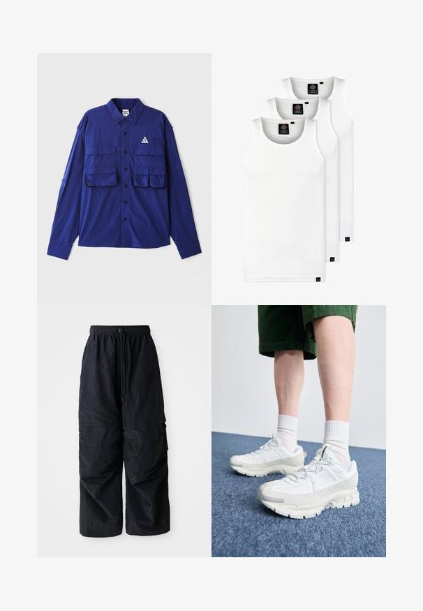Cămașă albastră cu mâneci lungi, cu două buzunare la piept, închidere cu nasturi și un logo triangular pe partea stângă. Fabricată dintr-un material ușor.; Trei maieuri albe ribbate din bumbac. Au un guler rotund și etichete negre mici lângă tiv. Disponibile în mai multe mărimi.; Pantaloni cargo negri, ușori, din nailon, cu talie elastică, șnur ajustabil și multiple buzunare stratificate pe picioare.; Pantofi sport albi cu suprapuneri texturate, talpă masivă și accente gri. Purtați cu șosete albe până la glezne și pantaloni scurți verzi pe o suprafață albastră.