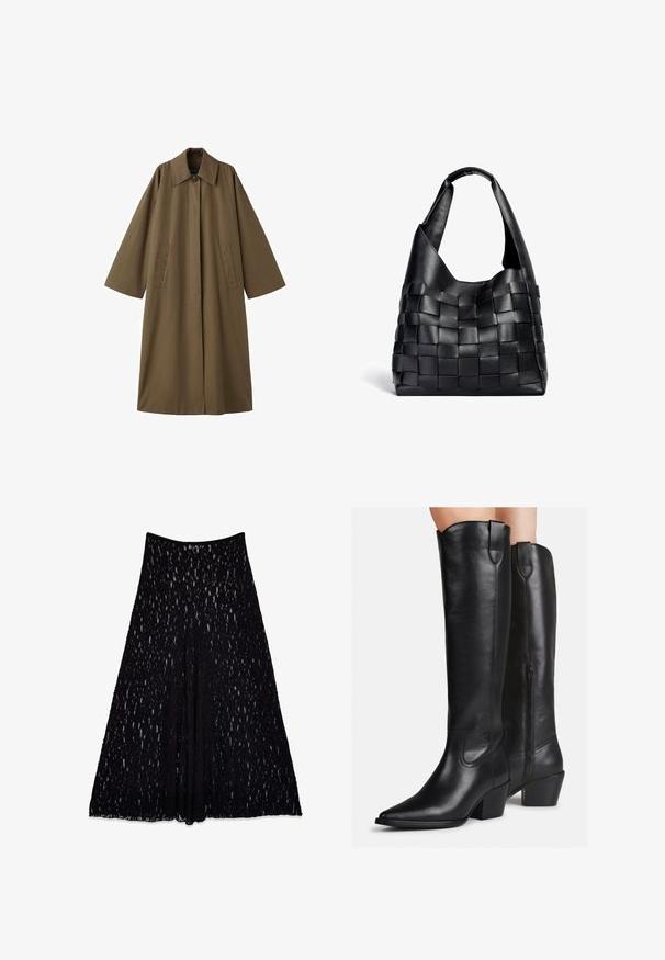 Lång, brun, bomullsblandad kappa med krage, två framfickor och vida ärmar, med rak passform och en minimalistisk design.; Svart, löst sittande V-ringad topp med långa ärmar, gjord av mjukt tyg. Enkel design med rak fåll och inga distinkta mönster eller accenter.; Svart spetskjol med en utsvängd silhuett, prydd med ett texturerat mönster och en slät midja, knälång med ett foder inuti.; Knähöga svarta läderstövlar med spetsig tå, klack med blockform och dekorativ sömnad. Sidskedja och dragflik upptill för enkel påtagning.; Svart lädervävd toteväska med en avslappnad form och bred axelrem. Har en strukturerad, flätad design med en slät yta.