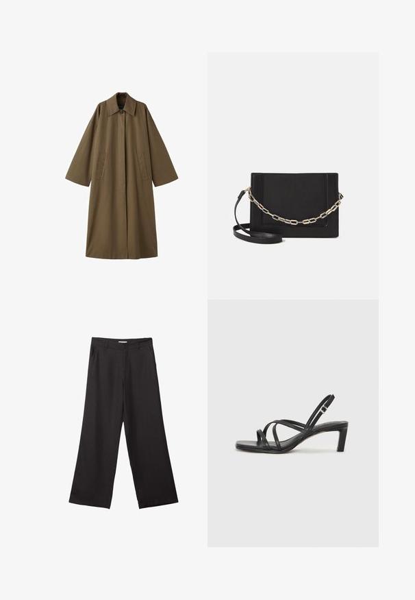 Pitkä, ruskea, puuvillasekoitteen takki, jossa on kaulus, kaksi etutaskua ja leveät hihat, suoralla leikkauksella ja minimalistisella muotoilulla.; Yksinkertainen lyhythihainen musta puuvillapaidan t-paita, jossa on pyöreä kaula-aukko, esitetty valkoisella taustalla.; Mustat leveälahkeiset housut, jotka on valmistettu sileästä kankaasta. Niissä on edessä vetoketju ja kaksi sivutaskua, ja niiden muotoilu on räätälöity ja minimalistinen.; Mustat hihnalligat, joissa on neliön muotoinen kärki ja matala lohkokorko. Ominaisuuksiin kuuluu useita ohuita hihnoja ja säädettävä nilkkahihna. Valmistettu sileästä nahasta.; Musta nahkainen olkalaukku, jossa on sileä pinta, suorakulmainen muoto ja metalliketju yksityiskohtana edessä. Mukana säädettävä hihna.