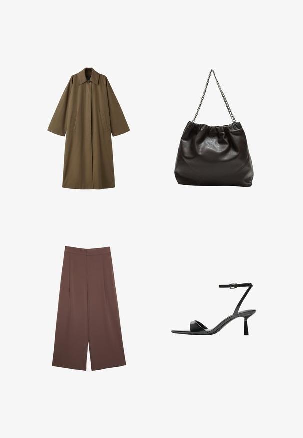 Dolga, rjava plašč iz mešanice bombaža s ovratnikom, dvema sprednjima žepoma in širokimi rokavi, s pravim krojem in minimalističnim dizajnom.; Črn, rebrast pleten top z edinstveno asimetrično silhueto in enim naramnikom. Gladka tekstura, brez vidnih velikosti ali vzorca.; Rjave široke hlače z gladko teksturo, ki imajo visok pas in sprednje naborke. Tkanina je lahka in prosto pada.; Bershka Sandali z visoko peto - black; Rjava usnjena torba z nabranim vrhom in verižnim trakom. Gladka tekstura z sijajno površino in subtilnimi šivi na straneh.