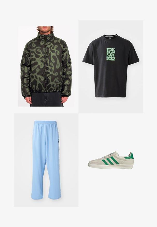 Puffer jacket in black with green abstract pattern, zipper closure, high collar, elastic cuffs and hem, featuring a logo patch on the chest.; Black cotton t-shirt featuring a green graphic illustration with the word "FLOWER." Short sleeves and a round neckline.; Light blue athletic pants made from smooth fabric, featuring an elastic waistband and contrasting black side stripes.; Beige sneaker with green stripes, featuring a white sole and a smooth leather upper. Side view highlighting lace details and logo.