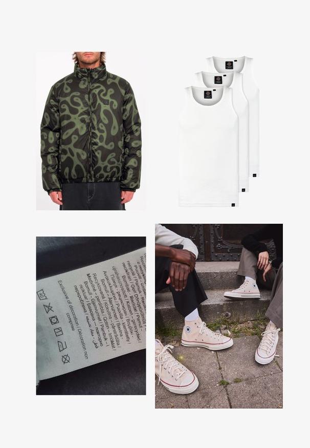 Puffer jacket in black with green abstract pattern, zipper closure, high collar, elastic cuffs and hem, featuring a logo patch on the chest.; Three white ribbed tank tops made of cotton. Features a crew neck and small black labels near the hem. Available in multiple sizes.; Label tag with multi-language text, care symbols, and recycling icons, printed on a soft fabric-like material in light color.; High-top beige canvas sneakers with red stripe, white rubber sole, and metal eyelets, featuring iconic star logo on the side.