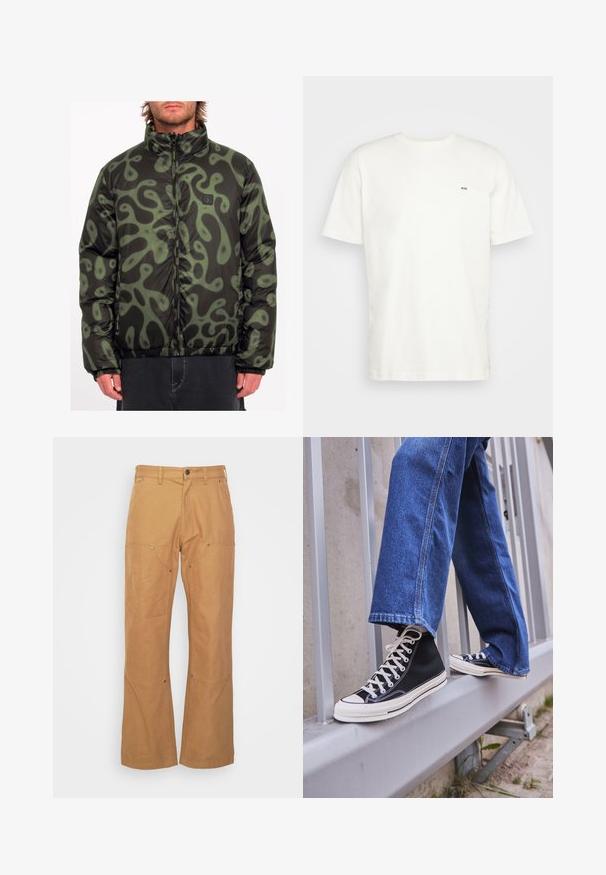 Giacca a vento nera con motivo astratto verde, chiusura con zip, colletto alto, polsini e orlo elastici, con un logo ricamato sul petto.; T-shirt bianca in cotone con scollatura rotonda, maniche corte e un piccolo logo nero "W.W." sul lato sinistro del petto. Tessuto liscio, vestibilità regolare.; Pantaloni cargo marroni realizzati in tessuto resistente, con tasche laterali, dettagli in metallo, gamba dritta e vita regolare.; Scarpe da ginnastica nere alte con suola e lacci bianchi, abbinate a jeans di denim blu larghi, appoggiate su un parapetto grigio.