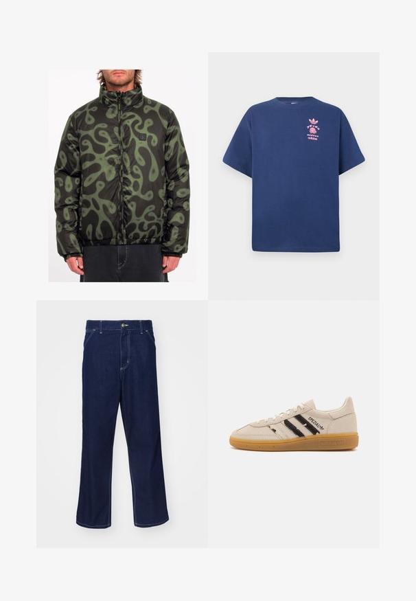 Giacca a vento nera con motivo astratto verde, chiusura con zip, colletto alto, polsini e orlo elastici, con un logo ricamato sul petto.; T-shirt in cotone blu navy con maniche corte, colletto rotondo e design grafico rosa che presenta il logo Adidas e un motivo ananas sul petto.; Pantaloni in denim blu scuro con un design a gamba dritta, dotati di dettagli in cucitura chiara e chiusura con bottone frontale. Texture liscia.; Sneaker in suede beige con strisce nere e testo "Spezial", dotata di suola in gomma texturizzata e design classico con lacci.