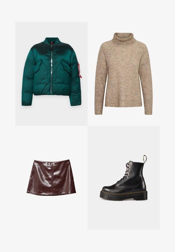 Grön puffjacka med dragkedja, ståkrage, två framfickor och en sidoficka med en röd etikett. Slät, glänsande yta.; Beige tröja med hög, vikbar polokrage. Tillverkad av texturerat stickat tyg. Har långa ärmar och en avslappnad passform, med ribbstickade detaljer vid nederkanten.; Skinande mörkbrun konstläder minikjol med centrala sömmar och lätt A-linjeform.; Svarta läder snörade anklar med en kraftig svart sula och gul söm. Har en dragflik baktill och runda metallöglor.