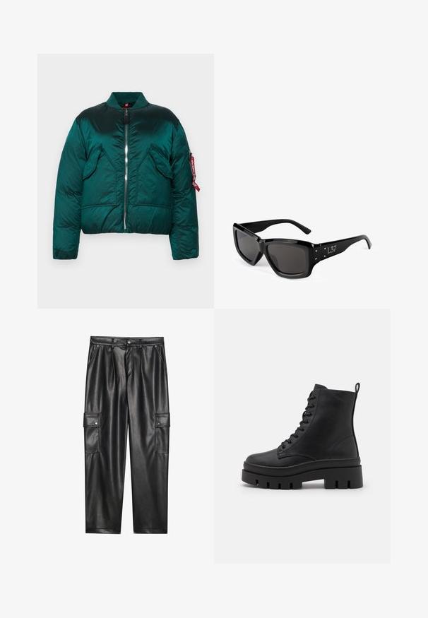 Groene pufferjack met een ritssluiting, staande kraag, twee voorkruiszakken en een zijzak met een rode label. Gladde, glanzende textuur.; Zwarte nep leren cropped top met geplooide textuur en een gestructureerde vorm, met een gladde oppervlakte en minimale stikdetails.; Zwarte neplederen cargobroek met een hoge taille, twee zijzakken en twee knoopsluiting cargozakken op de dijen. Gladde textuur en een gepolijste afwerking.; Even&Odd Wide Fit Enkellaarsjes met plateauzool - black; Zwarte zonnebril met een rechthoekig frame, donkere lenzen en driehoekige accenten aan de zijkant. Glad plastic oppervlak, modern ontwerp.