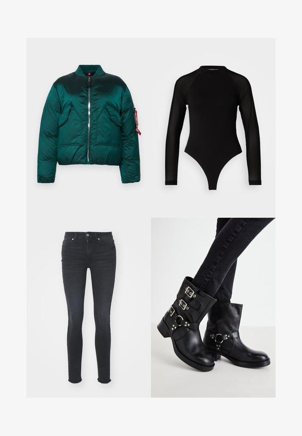 Green puffer jacket with a zip closure, stand collar, two front pockets, and a side pocket with a red tag. Smooth, shiny texture.; Black long-sleeve bodysuit with a high neck, featuring solid fabric on the torso and sheer mesh sleeves, designed in a fitted shape.; Black denim skinny jeans with a mid-rise waist, five pockets, and frayed hem. The fabric has a smooth texture with slight stretch.; Black leather ankle boots with three buckle accents, rounded toe, and a low block heel. The design features smooth and textured panels.