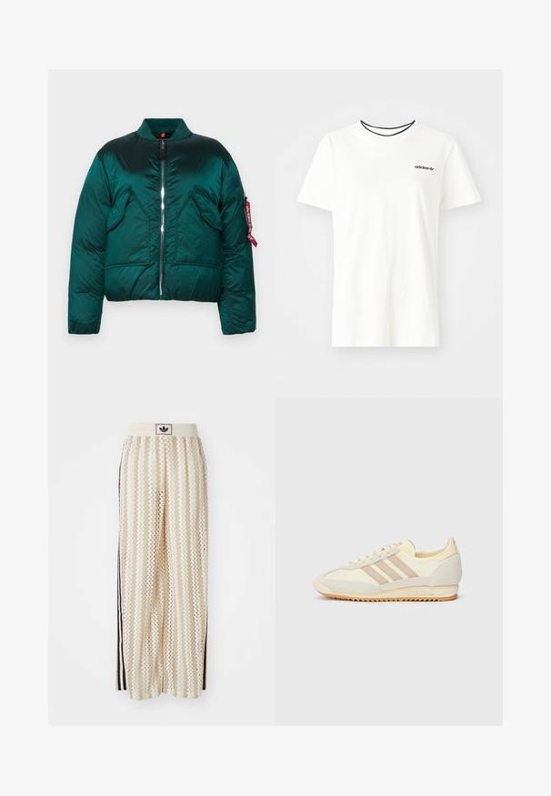 Žalia pūkinė striukė su užtrauktuku, stovinčiu apykakle, dviem priekinėm kišenėm ir šonine kišene su raudonu žymekliu. Lygus, blizgus paviršius.; Balta medvilnė marškinėliai su trumpomis rankovėmis ir apvalia iškirpte. Ant krūtinės yra juodas Adidas logotipas, o vidinė apykaklė yra kontrastinga juoda.; Grietos spalvos plačios kelnės su zigzagų raštu, turinčios juodą logotipo juostą ir šonines juodas juosteles. Lengvas, tekstūruotas audinys.; Kreminių spalvų sportiniai bateliai su trimis bežinėmis juostelėmis, pagaminti iš zomšos ir tekstilės medžiagų, su tekstūruota baze ir įspaustu prekiniu ženklu ant kulno.
