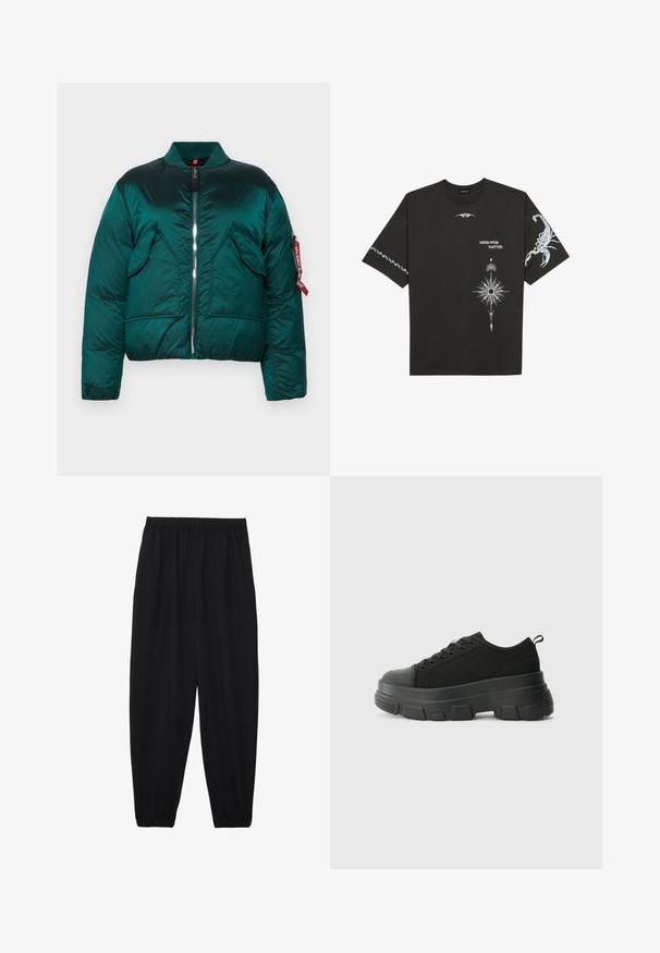 Zelená péřová bunda se zipovým zapínáním, stojáčkem, dvěma předními kapsami a boční kapsou s červenou visačkou. Hladká, lesklá textura.; Černé bavlněné tričko s bílými grafickými potisky, včetně štíra a abstraktních vzorů. Krátké rukávy; kulatý výstřih.; Černé, lehké kalhoty s elastickým pasem a nařasenými kotníky. Tkanina je hladká a má uvolněný, zúžený design.; Černé tenisky s robustní gumovou podrážkou, vrchní část z texturované tkaniny, kulatá špička a šněrovací design. Obsahují zesílené okraje pro tkaničky a poutko na zadní straně.
