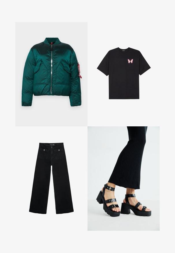 Zelena puffer jakna z zadrgo, stoječim ovratnikom, dvema sprednjima žepoma in stranskim žepom z rdečo oznako. Gladka, sijoča tekstura.; Črna bombažna majica s kratkimi rokavi, ki ima majhen roza metuljček na levi strani prsnega dela. Majica s krožnim ovratnikom in sproščenim krojem.; Črne široke kavbojke z visokim pasom, ki imajo dva sprednja žepa in kovinske gumbi. Tkanina ima gladko teksturo.; Črne platforme s sandali in debelimi, zarezami ter več naramnicami, ki vključujejo kovinske zaponke in gladko teksturo, podobno usnju.