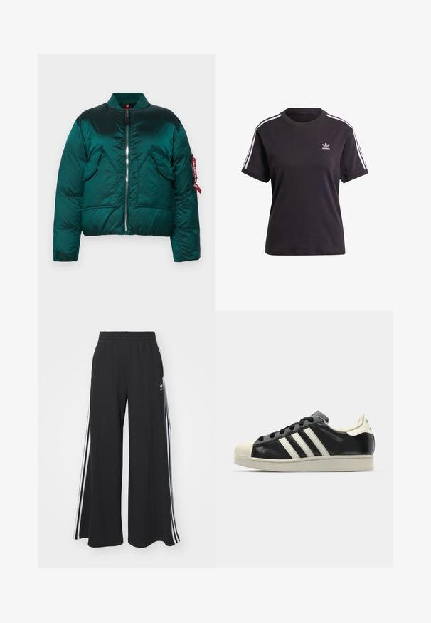 Grønn pufferjakke med glidelås, stående krage, to frontlommer og en sidelomme med et rødt merkelapp. Glatt, blank tekstur.; Svart bomull T-skjorte med kort erme og rund hals, med hvite striper på skuldrene og en liten hvit Adidas-logo på brystet.; Svart vide joggebukser med elastisk midjebånd, med hvite sidestriper og brodert logo på venstre lår.; Svarte skinnsneakers med hvite striper, gummitopp, svarte lisser og en kremfarget såle. Glatt tekstur med blank finish.