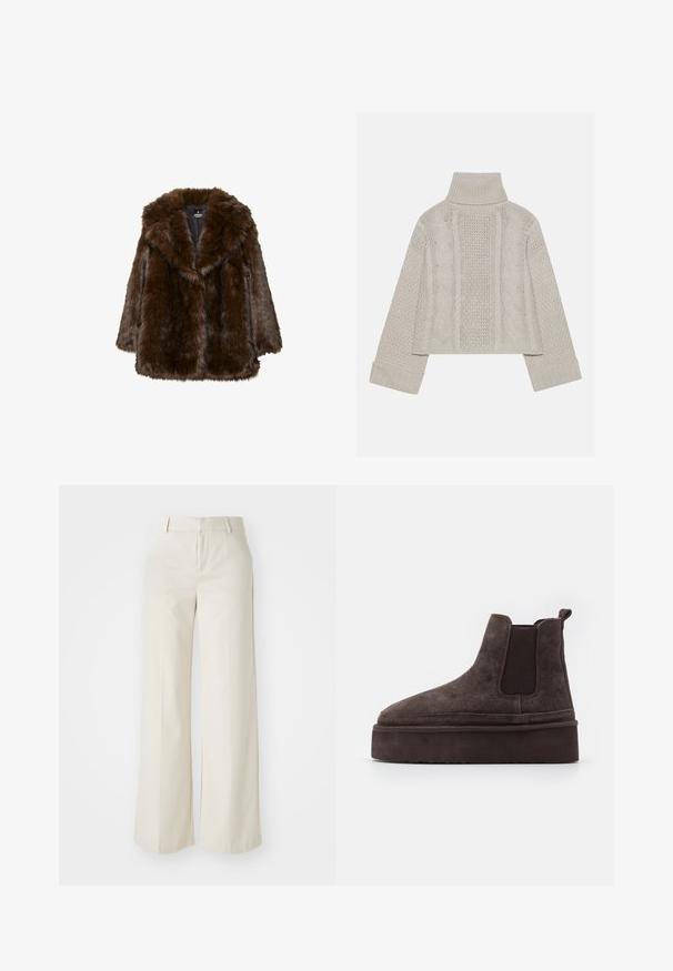 Brun faux fur frakke med bred krave, lange ærmer og en afslappet pasform. Teksturen er blød og plysset, med et tykt, luksuriøst udseende.; Afskåret, lysegrå striktrøje med højt krave og ribbede manchetter, prydet med teksturerede kabelmønstre ned ad ryggen og siderne.; Bredde ben-bukser i en lys beige farve, lavet af et glat stof. Har en klassisk talje og flad front med rene linjer.; Brune ruskinds Chelsea støvler med elastiske sidepaneler og en tyk, struktureret platåsål. Har en strop bagpå til nem påtagning.