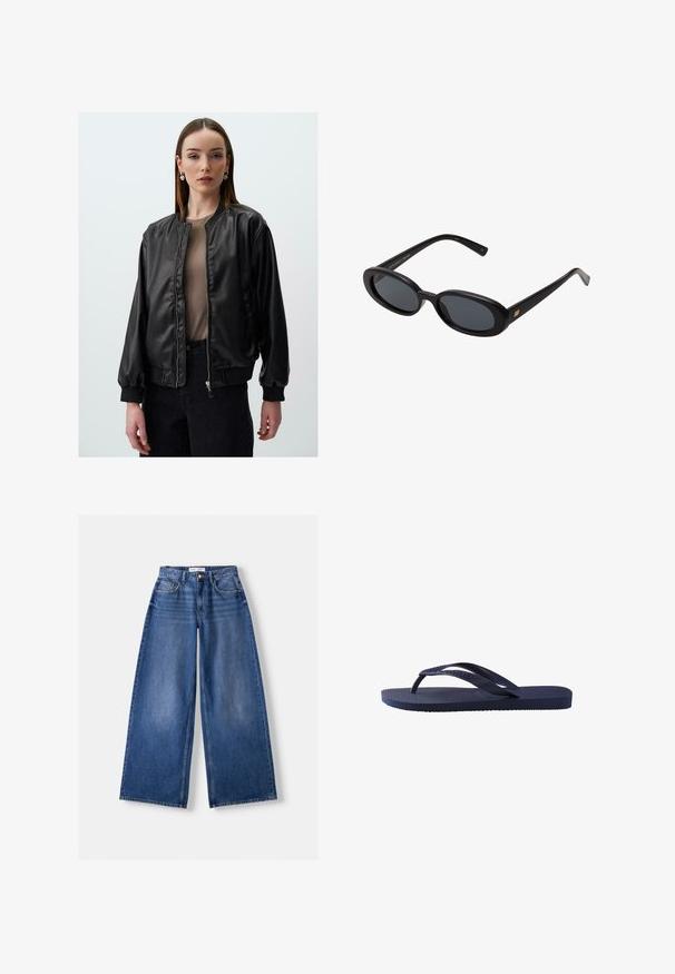 Zwarte neplederen bomberjack met een ritssluiting aan de voorkant, ribgebreide manchetten en een relaxte pasvorm, met een gladde textuur en minimale ontwerpelementen.; Witte T-shirt met korte mouwen, gemaakt van zacht katoen, met een ronde halslijn en een eenvoudig, strak ontwerp zonder patronen of afbeeldingen.; Bershka WIDE-LEG - Wide leg - dark blue; Navyblauwe flip-flops met een textuur op de rubberen banden en zool, met een golvend patroon op de banden en een vlakke, gegroefde zool.; Zwarte oversized zonnebril met ovale lenzen, een glad plastic montuur en gouden accenten op de pootjes. Donkere lenzen bieden bescherming tegen de zon.; DRAGON DIFFUSION ROSANNA - Handtas - dark brown