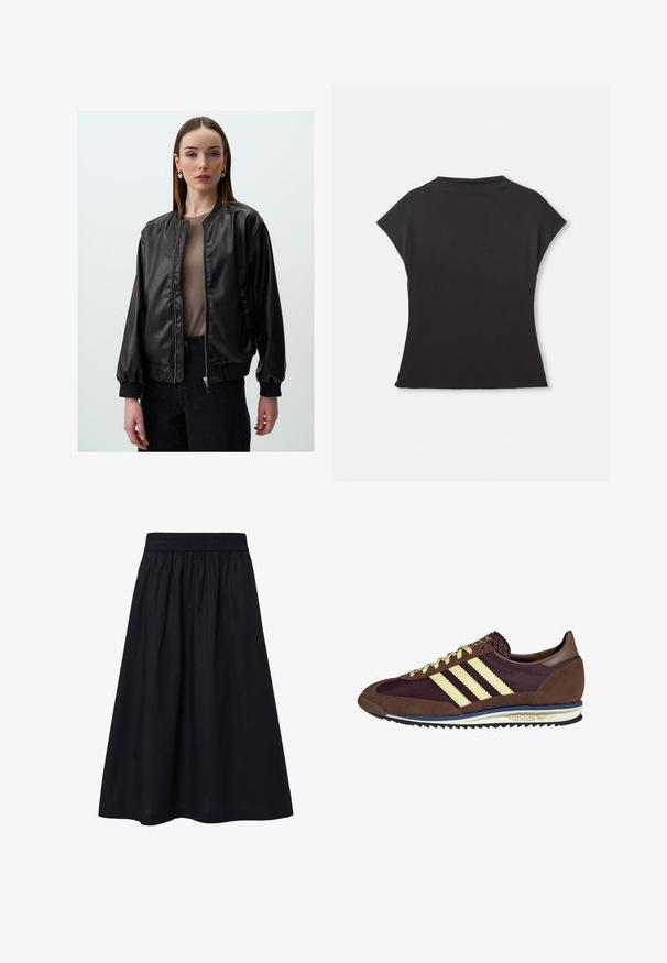 Zwarte neplederen bomberjack met een ritssluiting aan de voorkant, ribgebreide manchetten en een relaxte pasvorm, met een gladde textuur en minimale ontwerpelementen.; Zwart top met korte mouwen, hoge halslijn en een relaxte pasvorm. Gemaakt van zachte stof met een gladde textuur. Geen zichtbare patronen of graphics.; Zwarte, knie-lange rok gemaakt van lichte stof. Voorzien van een elastische tailleband en een simpele, gladde textuur. Geen zichtbare patronen of versieringen.; Bruine en bordeauxkleurige sneaker van suede en mesh materiaal, met drie crèmekleurige strepen, een gemêleerd stof op de tong en een rubberen zool.