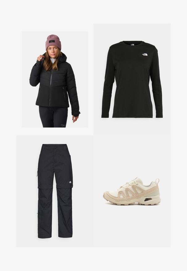 Mustapuff takki vetoketjussa, hupussa ja tilkkutäkkimuotoilussa. Varustettu kahdella vetoketjullisella sivutaskulla ja ribbaiduilla rannekkeilla.; Musta pitkähihaisen t-paita, joka on valmistettu puuvillasta ja jossa on pyöreä kaula-aukko. Vasemmassa rinnassa on pieni valkoinen logo. Yksinkertainen muotoilu ja istuvuus.; Mustat nailonista valmistetut irrotettavat cargo-housut säädettävillä lahkeilla, useilla taskuilla ja logolla oikeassa jalassa. Liukas, kevyt rakenne.; Beige ja kreemi värvi sportlikud jalanõud, millel on tekstiilne mesh ülemine osa, toetavad ülekatted ja kummist tald, millel on mustripattern haardeks.