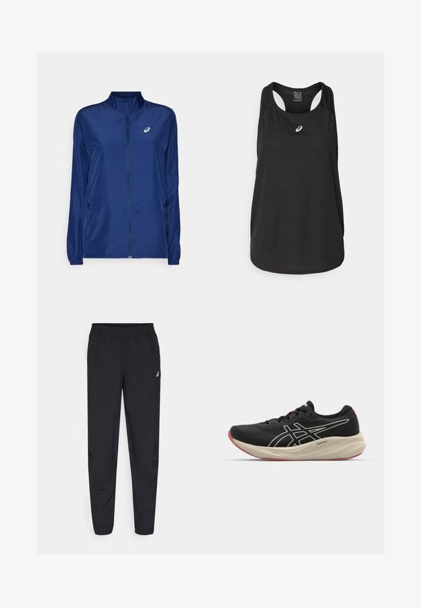 Giacca leggera navy blue con zip, colletto alto, maniche lunghe, tasche laterali con zip e un piccolo logo bianco sul petto.; Canotta atletica nera realizzata in tessuto leggero. Presenta un colletto rotondo, un design con schiena a racer e un piccolo logo bianco sulla parte anteriore.; Pantaloni sportivi neri con vita elastica, gambe affusolate con polsini, realizzati in un materiale leggero e liscio, con un piccolo logo sulla coscia.; Scarpa da corsa nera con tomaia in rete e dettagli bianchi. Presenta un intersuola ammortizzata e un particolare suola rossa. Design leggero.