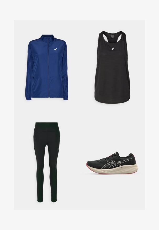 Granatowa, lekką kurtkę zapinaną na zamek z wysokim kołnierzem, długimi rękawami, kieszeniami bocznymi na zamek oraz małym białym logo na klatce piersiowej.; Czarny sportowy top na ramiączkach wykonany z lekkiego materiału. Posiada okrągły dekolt, plecy w stylu wyścigowym oraz małe białe logo z przodu.; Czarne legginsy z wysokim stanem, charakteryzujące się gładką fakturą i bocznymi kieszeniami. Delikatne odblaskowe akcenty oraz detal z logo.; Czarne buty do biegania z siateczkową cholewką i białymi akcentami. Posiadają amortyzowaną podeszwę środkową oraz czerwony detal na podeszwie. Lekka konstrukcja.