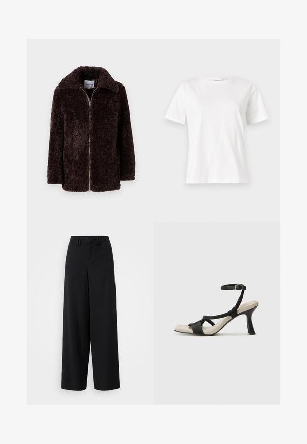 Chaqueta marrón, peluda, con un amplio cuello, cierre de cremallera y mangas largas. Textura suave y corte holgado. Sin bolsillos ni patrones visibles.; Camiseta de algodón blanca de manga corta, con cuello redondo y un corte relajado. Textura suave, sin patrones ni acentos, diseño minimalista.; Pantalones de pierna ancha negros, hechos de una tela suave, con un diseño de frente plano, detalles plisados y trabillas en la cinturilla.; Sanda¡ía de tacón negro con diseño de tira trenzada, punta cuadrada y correa ajustable en el tobillo. Plantilla de color beige claro con un tacón negro brillante.
