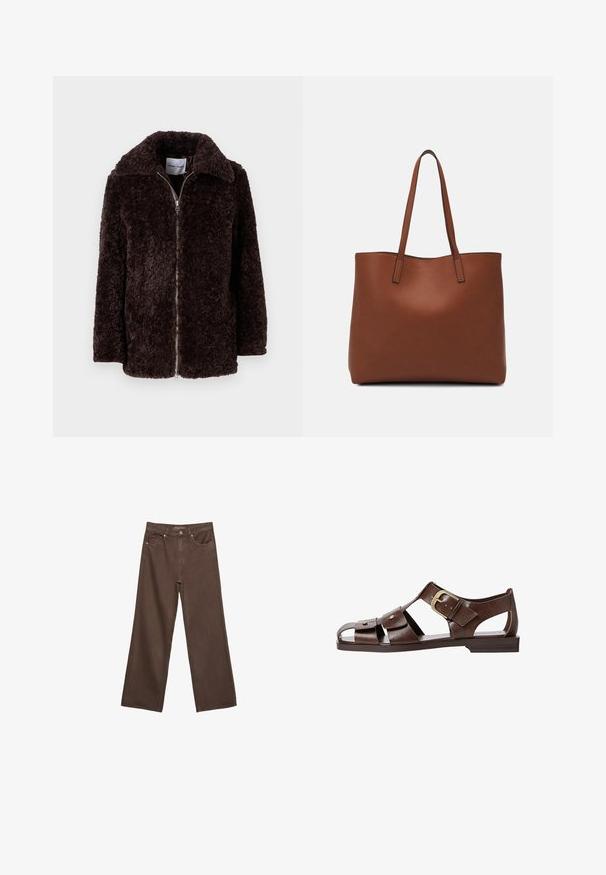 Brązowa, puszysta kurtka z szerokim kołnierzem, zamkiem błyskawicznym i długimi rękawami. Miękka tekstura i luźny krój. Brak widocznych kieszeni i wzorów.; Brązowa koszulka z krótkim rękawem, wykonana z miękkiego materiału, z okrągłym dekoltem i luźnym krojem. Brak widocznych wzorów lub akcentów.; Szerokie brązowe dżinsy wykonane z denimu, z wysokim stanem, przednimi kieszeniami i klasycznym zapięciem na guzik. Gładka faktura z subtelnym przeszyciem.; Brązowe skórzane sandały z wycięciami, regulowanym zapięciem po boku i płaską podeszwą, z metalowymi akcentami i otwartym noskiem.; Brązowa skórzana torba tote o gładkiej fakturze, z otwartym wierzchem i dwoma ramiączkami. Charakteryzuje się minimalnym przeszyciem i brakiem widocznych elementów metalowych.