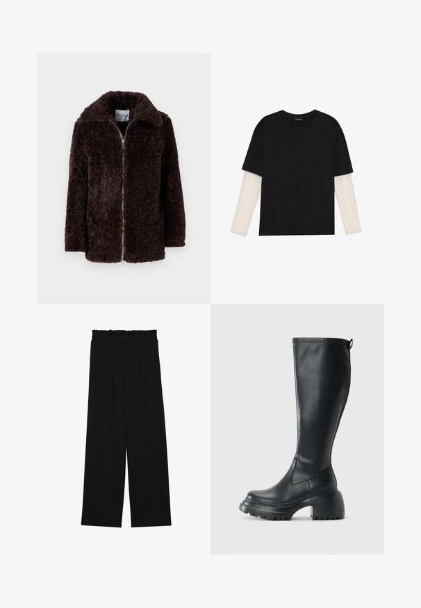 Brown, fuzzy jacket with a wide collar, zip closure, and long sleeves. Soft texture and relaxed fit. No visible pockets or patterns.; Black T-shirt made of cotton, featuring short sleeves over a white long-sleeve layer with a subtle textured pattern. Crew neckline design.; Black wide-leg trousers with a ruffled waistband, featuring two side pockets and a smooth, lightweight fabric. No visible patterns or hardware.; Tall black leather boot with chunky platform sole and block heel, featuring pull tab and textured tread on outsole.
