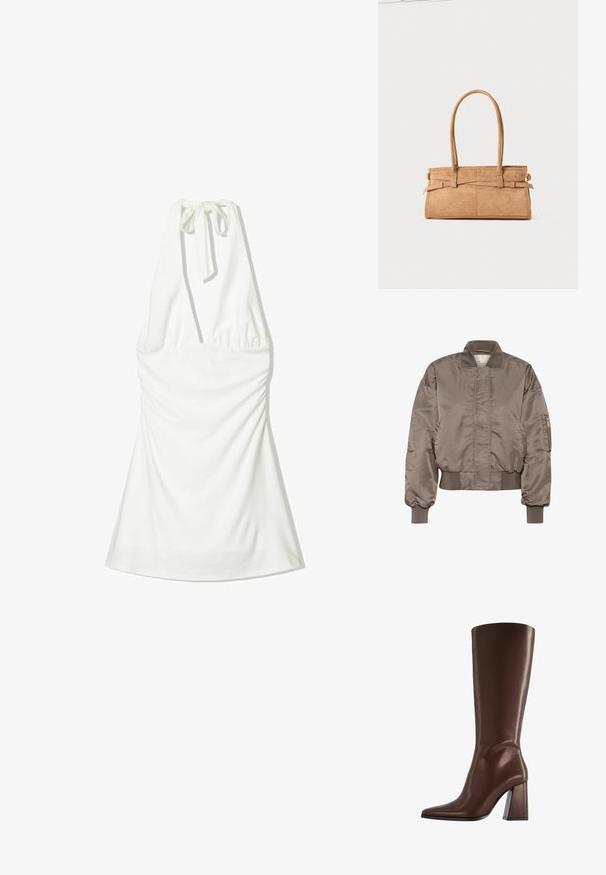 Giacca bomber in satin marrone con colletto e polsini a coste, tasca con zip sulla manica e vita arricciata. Texture liscia e vestibilità oversize.; Top bianco con allacciatura al collo, caratterizzato da tessuto arricciato sul corpetto e fondo fluente. Texture liscia senza disegni o dettagli.; Stivale marrone in pelle alto fino al ginocchio con punta a punta e tacco medio spesso, mostrato di profilo su sfondo bianco.; Borsa in suede tan con due manici lunghi, forma rettangolare e cuciture decorative. Presenta una tracolla laterale e sottili dettagli in oro.