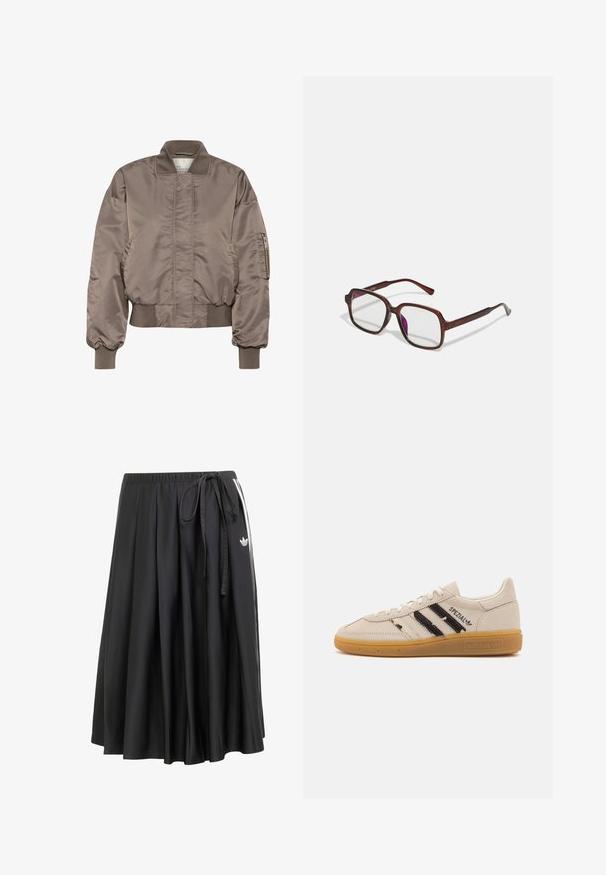 Brązowa satynowa kurtka bomberka z prążkowanym kołnierzem i mankietami, kieszenią na suwak na rękawie oraz marszczonym pasem. Gładka tekstura i luźny krój.; Kremowa bluzka z długim rękawem, z florystycznym wzorem koronkowym, wysokim kołnierzem i bocznym wiązaniem do regulacji dopasowania. Miękka tekstura i lekki materiał.; Czarna midi spódnica z elastycznym pasem, wiązaniem po bokach, białymi paskami i logo trefoil Adidasa po prawej stronie.; Beżowe zamszowe sneakersy z czarnymi paskami i napisem "Spezial", posiadają teksturowaną gumową podeszwę oraz klasyczny system sznurowania.; Brązowe, prostokątne okulary z przezroczystymi soczewkami i fioletowymi odcieniami. Gładka plastikowa oprawka z prostymi zausznikami i subtelnymi detalami.; Różowa torebka crossbody z faux skóry z trójkątnym logo, regulowanym paskiem i złotymi akcentami. Charakteryzuje się teksturowaną powierzchnią i eleganckim wzornictwem.