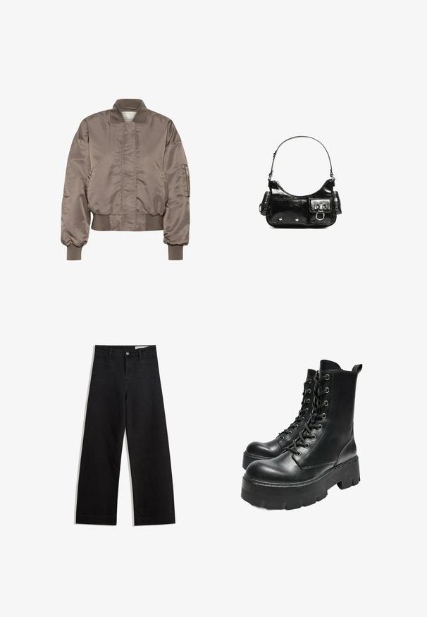 Brun satin bomberjakke med ribbet krave og manchetter, lynlåsærmelomme og samlet talje. Glat tekstur og oversized pasform.; Hvid langærmet bomuldsbluse med rund hals, cropped design, glat tekstur og minimalistisk udseende. Ingen synlige logoer eller mønstre.; Sorte wide-leg denim bukser med høj talje, der har front- og baglommer, syede sømme og en knaplukning. Glat tekstur.; Bershka TRACK - Plateaustøvletter - black; Sort patenteret læder håndtaske med en buet form, en skulderrem, frontlommer og hardware accenter i sølvfarve.