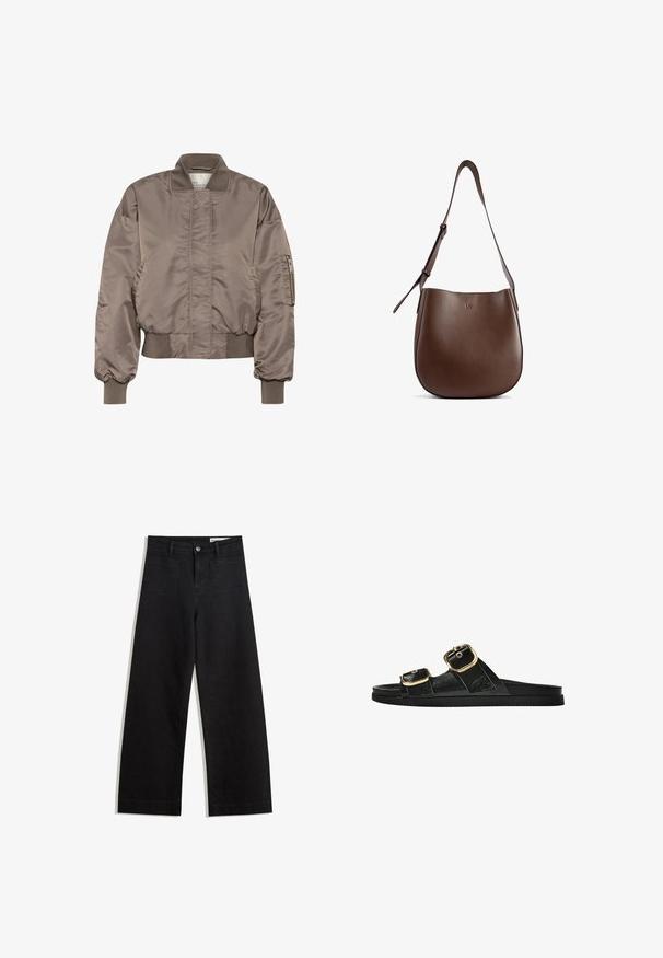 Brązowa satynowa kurtka bomberka z prążkowanym kołnierzem i mankietami, kieszenią na suwak na rękawie oraz marszczonym pasem. Gładka tekstura i luźny krój.; Czarna koszulka z krótkim rękawem, wykonana z miękkiego materiału, z okrągłym dekoltem i luźnym krojem, o gładkiej fakturze i bez wzorów.; Czarne dżinsowe spodnie o szerokich nogawkach i wysokim stanie, z przednimi i tylnymi kieszeniami, przeszyciami oraz zapięciem na guziki. Gładka struktura.; Czarne klapki z dwoma złotymi klamrami, gładki materiał, płaska podeszwa i minimalistyczny design.; Brązowa skórzana torba na ramię o gładkiej fakturze, zakrzywionym kształcie i regulowanym pasku. Zawiera subtelne logo z przodu.
