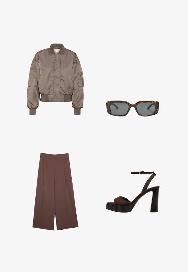 Hnedá saténová bomber bunda s rebrovaným chokerom a manžetami, zipsom na rukáve a zhŕňovým pásom. Hladká textúra a nadmerný strih.; Hnedé tričko s krátkym rukávom vyrobené z jemného materiálu, s okrúhlym výstrihom a voľným strihom. Žiadne viditeľné vzory ani akcenty.; Hnedé nohavice so širokými nohavicami a hladkou textúrou, s vysokým pásom a prednými skladmi. Tkanina je ľahká a voľne sa pohybuje.; Hnedé semišové sandále na vysokom podpätku s otvorenou špičkou, nastaviteľným členkovým remienkom a pruhovanou platformovou podrážkou.; Rámiky slnečných okuliarov v štýle korytnačiny s obdĺžnikovými šošovkami, hrubými rámami a tmavými tónovanými šošovkami. Hladký povrch a minimalistický dizajn.