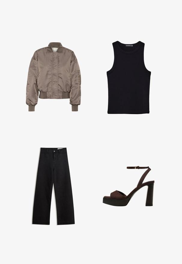 Veste bomber en satin marron avec un col et des poignets côtelés, une poche à trois-quarts zippée sur la manche et une taille froncée. Texture lisse et coupe surdimensionnée.; Débardeur noir en coton, avec un col rond et des emmanchures larges. Texture lisse avec des ourlets cousus. Design classique et minimaliste.; Pantalon en denim noir à jambes larges avec une taille haute, comprenant des poches avant et arrière, des coutures piquées et une fermeture à bouton. Texture lisse.; Sandale à talons hauts en suede marron avec un bout ouvert, une bride de cheville réglable et une semelle de plateforme rayée.