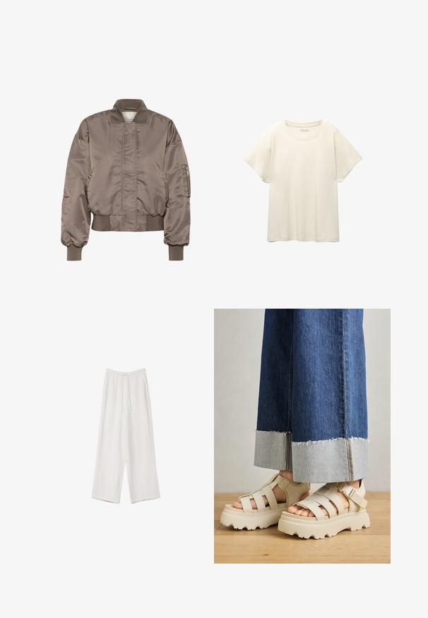 Brown satin bomber jacket with a ribbed collar and cuffs, zippered sleeve pocket, and gathered waist. Smooth texture and oversized fit.; Light beige short-sleeve t-shirt with a round neckline, made of soft, smooth fabric. Features a relaxed fit and straight hemline.; White wide-leg trousers made from a lightweight fabric. Features an elastic waistband with a drawstring and side pockets. Smooth texture.; Beige platform sandals with thick soles feature a strappy design and adjustable ankle straps. Worn with wide-leg denim pants, one hem is frayed.