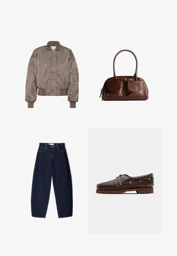 Brun satin bomberjakke med ribbet krave og manchetter, lynlåsærmelomme og samlet talje. Glat tekstur og oversized pasform.; Simpel hvid t-shirt med korte ærmer og rund halsudskæring, slim fit, præsenteret fladt mod en hvid baggrund.; Mørkeblå denimbukser med løs pasform, der har fem lommer, kontrasterende syninger og lynlåslukning foran.; Brune læder bådsko med gyldne øjer, runde snørebånd og en struktureret brun gummisål. Har quiltede detaljer og et forhøjet logo.; Brun læderhåndtaske med to frontklaplommer, runde håndtag og en lynlås på siden mod en hvid baggrund.